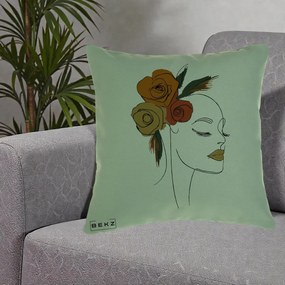 Perna Decorativa Portret Feminin Trandafiri Ruginii, 40x40 cm, Verde, Husa Detasabila, Perna Inclusa, BEKZ®