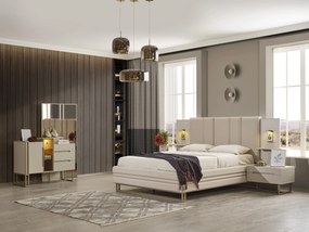 Set dormitor cu pat, noptiere, dulap, comoda din mdf crem si picioare metalice - riva
