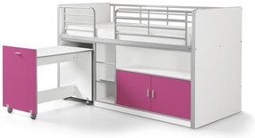 Pat etajat din pal si metal cu birou incorporat si 2 usi, pentru copii Bonny Alb Fucsia, 200 x 90 cm