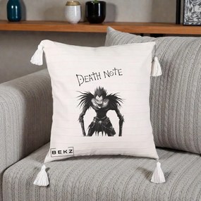 Perna Personalizata Death Note Ryuk Shinigami Alb-Negru, 40x40 cm, Bej cu Franjuri, Husa Detasabila, Perna Inclusa, BEKZ®