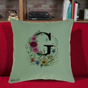Cadou Personalizat - Perna Personalizata Monogram Litera G cu Flori Acuarela, 40x40 cm, Verde, Husa Detasabila, Perna Inclusa, BEKZ®
