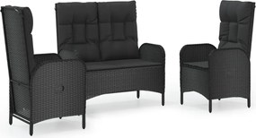 vidaXL Set mobilier de grădină cu perne, 3 piese, negru, poliratan
