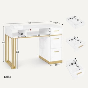 MANIAU201 - Masuta manichiura, 112 cm, cu aspirator incorporat, masa cosmetica - Alb - Imitatie de marmura - Auriu