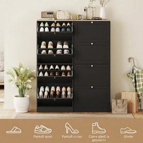 HOMCOM Pantofar Compact cu 4 Sertare și Rafturi Reglabile pe 2 Niveluri, 60 x 23,5 x 153,3 cm, Negru | Aosom Romania
