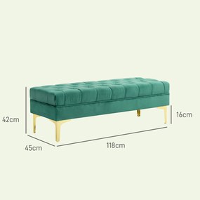 HOMCOM Bancă cu Husă Capitonată din Catifea cu Picioare Metalice pentru Hol, Coridor și Living, 118x45x42 cm, Verde | Aosom Romania