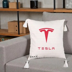 Perna Personalizata cu emblema Tesla, 40x40 cm, Bej cu Franjuri, Husa Detasabila, Perna Inclusa, BEKZ®