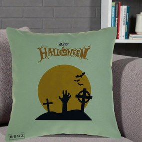 Perna Decorativa Happy Halloween Cimitir cu Luna, 40x40 cm, Verde, Husa Detasabila, Perna Inclusa, BEKZ®