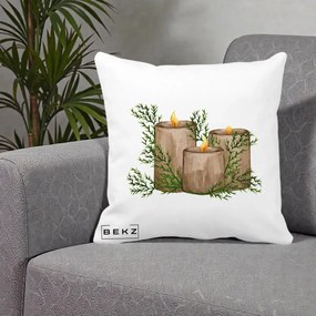 Perna Decorativa Lumanari Rustice cu Crengute Brad, 40x40 cm, Alba Mata, Husa Detasabila, Perna Inclusa, BEKZ®