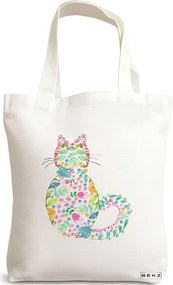 Sacosa de Panza pentru Cumparaturi, Geanta Tote, model Floral Cat, 38x34.5 cm, Alba, BEKZ®