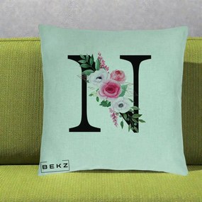 Cadou Personalizat - Perna Personalizata Monograma Florala Litera N, 40x40 cm, Verde Menta, Husa Detasabila, Perna Inclusa, BEKZ®