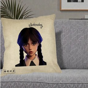 Perna Personalizata Wednesday Addams Portret Realist, 40x40 cm, Crem, Husa Detasabila, Perna Inclusa, BEKZ®