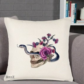 Perna Decorativa Craniu cu Sarpe si Trandafiri Gothic, 40x40 cm, Crem Reliefat, Husa Detasabila, Perna Inclusa, BEKZ®