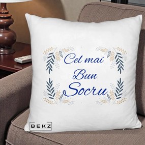 Cadou pentru Socru - Perna Personalizata Cel mai Bun Socru cu Ramuri Frunze Albastre si Aurii, 40x40 cm, Alb Pufos, Husa Detasabila, Perna Inclusa, BEKZ®