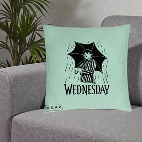 Perna Personalizata Wednesday cu Umbrela Ploaie Lineart, 40x40 cm, Verde Menta, Husa Detasabila, Perna Inclusa, BEKZ®