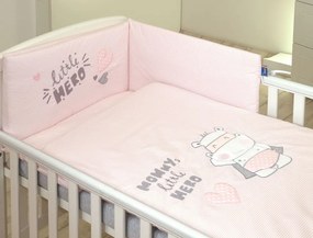 Set lenjerie din bumbac cu protectie laterala pentru pat bebelusi Hero Pink 120 x 60 cm