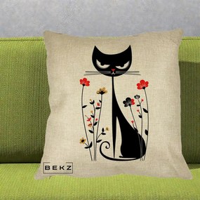 Perna Decorativa Pisica Neagra Grafica Flori Rosii, 40x40 cm, Crem, Husa Detasabila, Perna Inclusa, BEKZ®