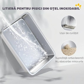 PawHut Litieră pentru Pisici Închisă din Oțel Inoxidabil XL cu Lopățică și Laterale Înalte, Gri | Aosom Romania