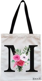 Sacosa de Panza pentru Cumparaturi, Geanta Tote, Cu litera M si Trandafiri, Cu fermoar, 38x34.5 cm, Alba, BEKZ®