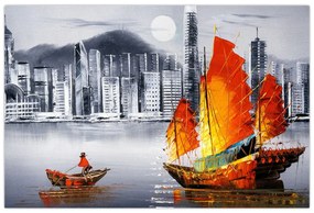 Tablou - Victoria Harbour, Hong Kong, pictură în ulei alb- negru (90x60 cm)