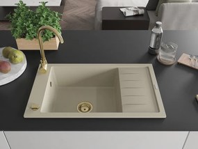 Mexen Elias chiuvetă din granit cu 1 compartiment cu scurgător 795 x 480 mm, bej, sifon auriu - 6511791005-69-G