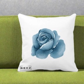 Perna Decorativa Trandafir Albastru Acuarela, 40x40 cm, Alba Mata, Husa Detasabila, Perna Inclusa, BEKZ®