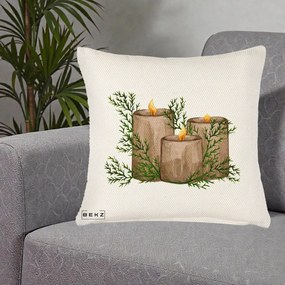 Perna Decorativa Lumanari Rustice cu Crengute Brad, 40x40 cm, Crem Reliefat, Husa Detasabila, Perna Inclusa, BEKZ®