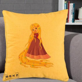 Perna Personalizata Rapunzel Par Lung Floral, 40x40 cm, Galben, Husa Detasabila, Perna Inclusa, BEKZ®