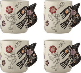 Set 4 cești din ceramică artizanală, natur,pictate manual cu flori stilizate și pasăre, cu toartă sculptată, „Vivielle"