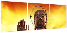 Tablou - Buddha cu fundal roșu și galben (cu ceas) (90x30 cm)