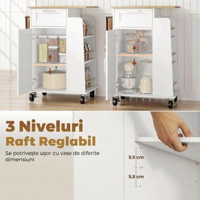 Cărucior de Bucătărie HOMCOM cu Sertar, Dulap, Suport pentru Prosoape și 3 Suporturi pentru Condimente, din Lemn, 62x40x87 cm, Alb | Aosom Romania
