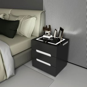 RESIGILAT- Noptieră inteligentă multifuncțională, 3 sertare, iluminare LED-uri Touch, 3 tipuri de culoare, încărcare fără fir, incarcare USB, sticla securizata, Negru