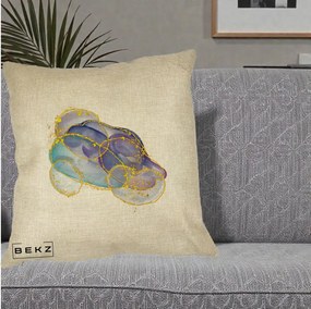 Perna Decorativa Abstract Acuarela Albastru-Mov cu Cercuri Aurii, 40x40 cm, Crem, Husa Detasabila, Perna Inclusa, BEKZ®