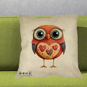Perna Decorativa Bufnita Rosie cu Inimi Aurii, 40x40 cm, Crem, Husa Detasabila, Perna Inclusa, BEKZ®