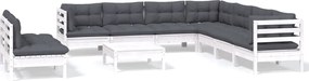 vidaXL Set mobilier grădină cu perne, 10 piese, alb, lemn masiv pin