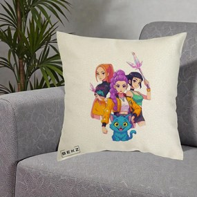 Perna Personalizata K-pop HUNTRX Trio cu Pisica si Cristale, 40x40 cm, Ecru, Husa Detasabila, Perna Inclusa, BEKZ®