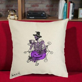 Perna Decorativa Schelet Vrajitor cu Dovleac Violet Halloween, 40x40 cm, Ecru, Husa Detasabila, Perna Inclusa, BEKZ®