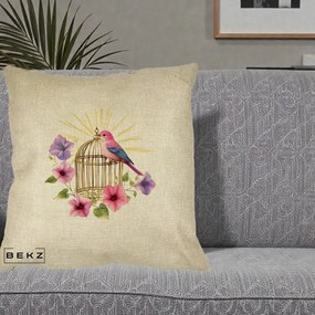 Perna Decorativa Pasare Roz pe Colivie Aurie cu Flori, 40x40 cm, Crem, Husa Detasabila, Perna Inclusa, BEKZ®