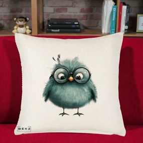 Perna Decorativa Pui Teal cu Ochelari Rotunzi, 40x40 cm, Crem Reliefat, Husa Detasabila, Perna Inclusa, BEKZ®