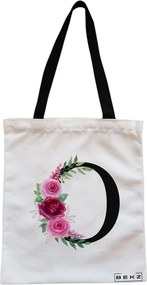 Sacosa de Panza pentru Cumparaturi, Geanta Tote, Cu litera O si Trandafiri, Cu fermoar, 38x34.5 cm, Alba, BEKZ®