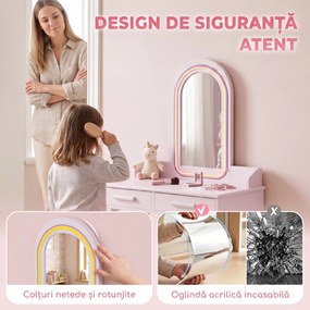 AIYAPLAY Măsuță de Toaletă pentru Copii 3-8 Ani, cu Taburet, Oglindă, Roz | Aosom Romania