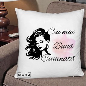 Cadou pentru Cumnata - Perna Personalizata Cea mai Buna Cumnata cu Silueta Dama si Pete Roz, 40x40 cm, Alb Pufos, Husa Detasabila, Perna Inclusa, BEKZ®