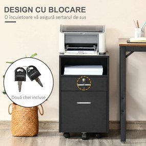 Vinsetto Comodă de Birou cu 2 Sertare și Raft Deschis, Mobilier cu 5 Rotile, Încuietoare și 2 Chei, 39x40x65 cm, Negru | Aosom Romania