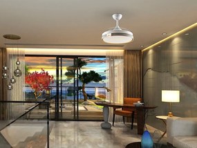 Lustra LED cu Ventilator si telecomanda, lame retractabile HERON alb/auriu
