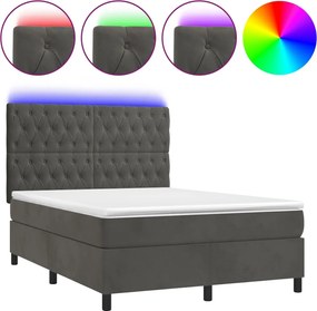 vidaXL Pat cu arcuri, saltea și LED, gri închis, 140x190 cm, catifea