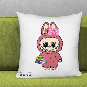 Perna Personalizata Labubu Roz cu Funda si Carti, 40x40 cm, Alb Pufos, Husa Detasabila, Perna Inclusa, BEKZ®