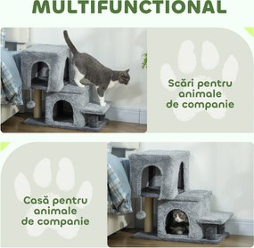 PawHut Scara pentru Pisici cu 4 Trepte Reglabile, 2 Căsuțe și Stâlp pentru Zgâriat Gri | Aosom Romania