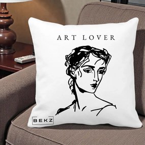 Perna Decorativa Art Lover Portret Grafic, 40x40 cm, Alba Mata, Husa Detasabila, Perna Inclusa, BEKZ®