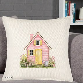 Perna Decorativa Casuta Roz Acuarela cu Gradina, 40x40 cm, Crem Reliefat, Husa Detasabila, Perna Inclusa, BEKZ®