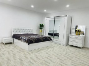 Dormitor Pirlanta, culoare alb, cu pat tapitat 160 x 200 cm, dulap cu oglinda 200 cm, comoda si 2 noptiere
