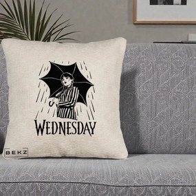 Perna Personalizata Wednesday cu Umbrela Ploaie Lineart, 40x40 cm, Bej Canapea, Husa Detasabila, Perna Inclusa, BEKZ®